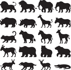 Safari animal silhouettes including lion elephant rhino giraffe horse Keywords: safari, animal