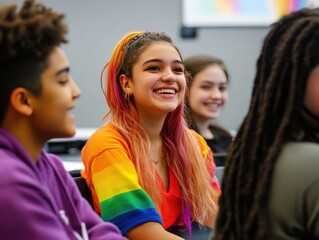 Photo of a group of LGBTQ+ students in a classroom discussion, engaged and confident