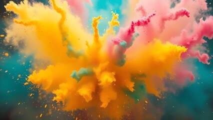 Obraz premium Swirling cloud of colorful powder mid-air, capturing dynamic motion in a festive celebration scene.