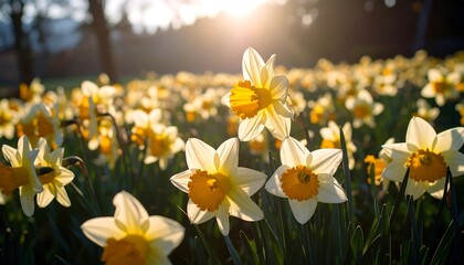 Fototapeta premium A field of daffodils bathed in golden sunlight, showcasing the vibrant hues of spring.