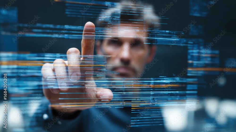 Poster medium shot of a decisionmaker examining layered data signals on a transparent screen focused subjec