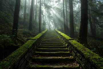 Obraz premium Enigmatic stone staircase ascending into a misty forest with sunbeams piercing the canopy