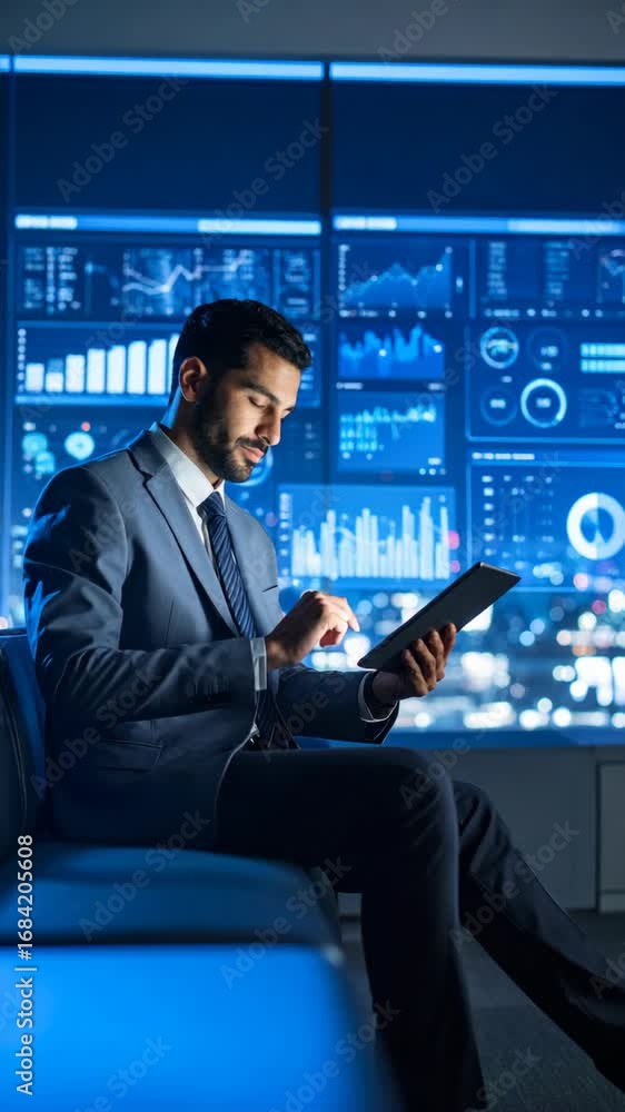 Aufkleber businessman in suit using tablet computer in front of screen with financial data and graphs in a mod