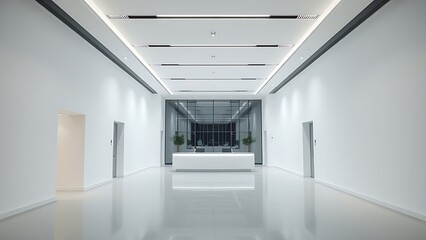 Fototapeta premium Modern office reception with clean white walls and minimalist design, showcasing professional and spacious environment.