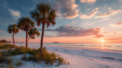 Fototapeta premium Picturesque Beach Sunset with Palm Trees Casting Shadows on the White Sand with Colorful Clouds and Ocean Reflections