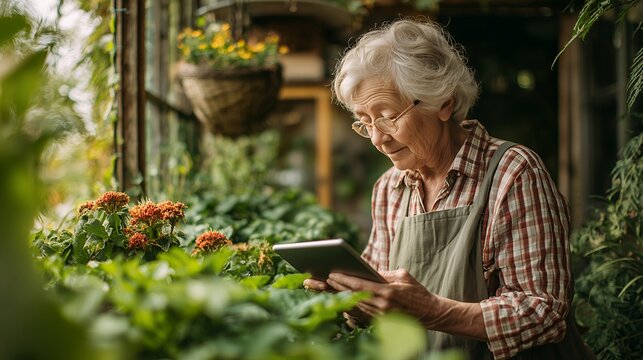 Senior woman using a digital tablet in her lush home greenhouse - Powered by Adobe