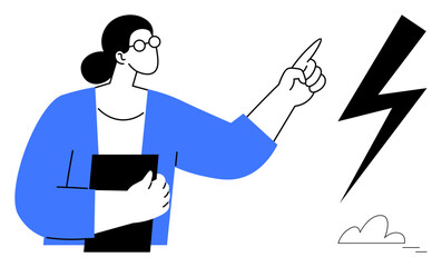 Woman wearing glasses and blue jacket holds clipboard while pointing at lightning bolt. Ideal for leadership, innovation, decision-making, energy, ideas, brainstorming, education. Simple flat