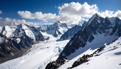 Panoramic mountain range with glaciers.  Vast snowy peaks
