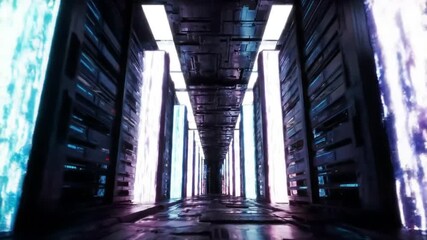 Futuristic glowing server room tunnel with digital data streams and advanced technology - Powered by Adobe
