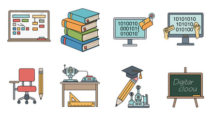 Illustration of educational tools and learning environment items