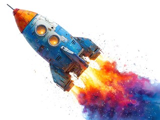 A whical rocket ship blasts off into space leaving a colorful trail of vibrant smoke and fiery flames.