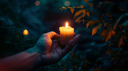 M&atilde;o segurando vela acesa em ambiente escuro