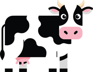 Simple illustration of a black and white cow on a farm.