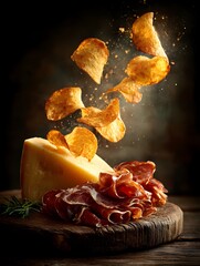 Golden potato chips rain down onto a board with cheese and cured meat for a savory gourmet appetizer.