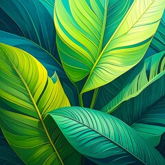 Closeup Tropical Lush Green Leaves.