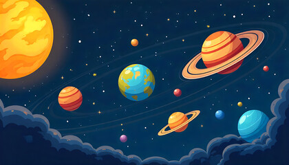 Colorful Cartoon Solar System with Planets and Sun in Space Scene