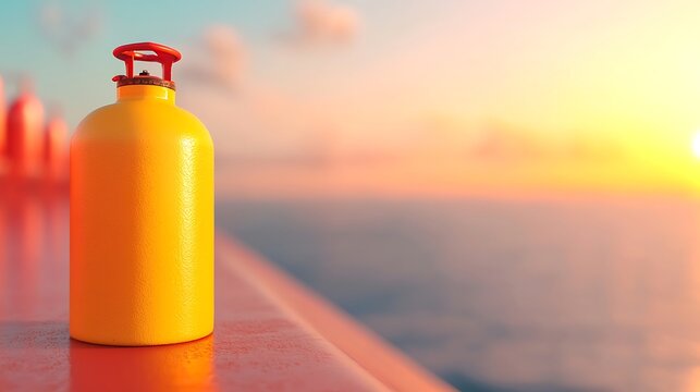 Yellow sunscreen bottle reflecting sunlight near a pool
