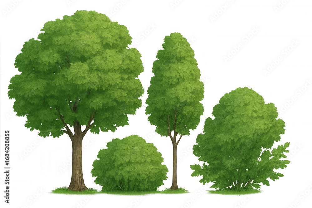 Poster realistic render of various lush trees and bushes, perfect for architectural visualization or landsc