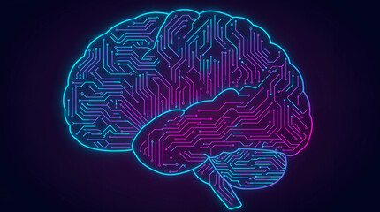 A digital brain outlined with circuit board patterns in blue and pink on a dark background