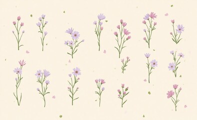 Obraz premium A delightful artistic arrangement of delicate wildflowers in soft pink and purple hues, scattered across a serene, light background.