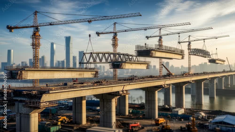 Poster panorama of an elevated highspeed rail viaduct under construction with multiple cranes simultaneousl