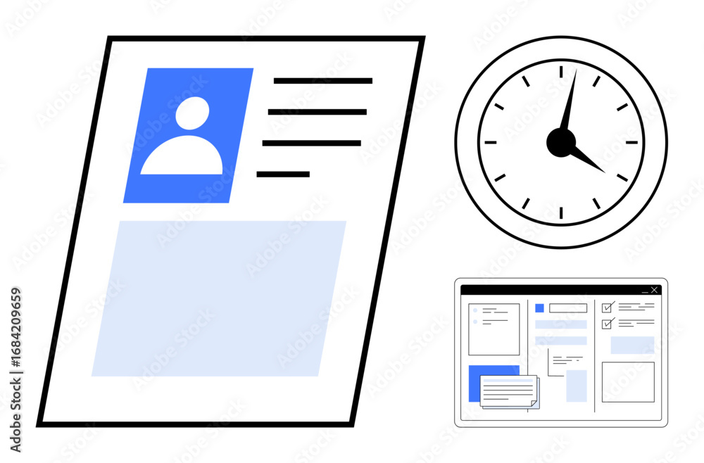 Poster resume with profile details, analog clock, and webpage interface layout. ideal for productivity, org