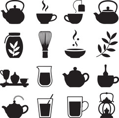Silhouette Icons Representing Tea Ceremony and Hot Beverages teapot hot drink