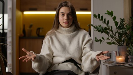 Webcam view Caucasian woman blogger recording video talking communication gesturing hands vlogger...