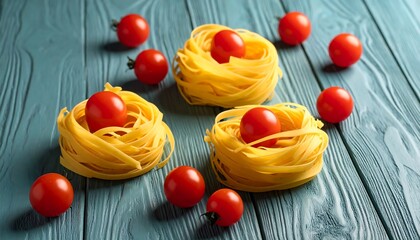 Nestled pasta and cherry tomatoes on teal wood