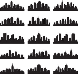 Diverse collection of city skyline silhouettes in black and white urban landscape cityscape