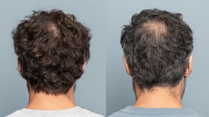 Back view shows male hair with thinning before and after treatment. Perfect for advertising hair loss solutions, or hair regrowth products.