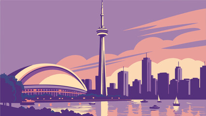 Cityscape illustration urban skyline at sunset stylized artwork vector graphic buildings tower water boats cityscape panorama modern city architectural design evening scene purple and orange colors i.