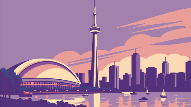 Cityscape illustration urban skyline at sunset stylized artwork vector graphic buildings tower water boats cityscape panorama modern city architectural design evening scene purple and orange colors i.
