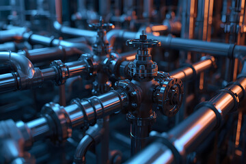 Naklejka premium Intricate industrial piping system showcasing complex valves and metallic interconnectedness in factory