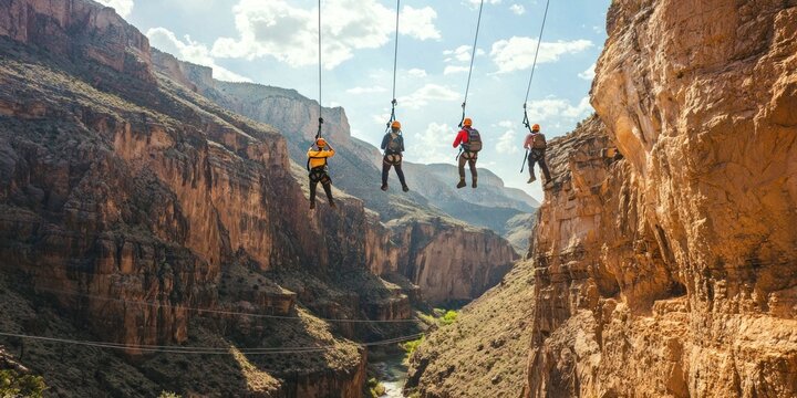 A group of adventurers zip-lining across a deep canyon