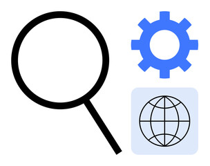 Magnifying glass for search, gear for optimization or process, and globe for global perspective. Ideal for research, global solutions, technology, innovation, efficiency analysis and development. A