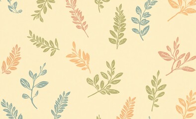 An artistic pattern of diverse botanical sprigs in soft, earthy tones, scattered across a gentle, textured background.