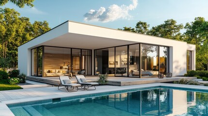 Fototapeta premium Design house - modern villa with open plan living and private bedroom wing. Large terrace with privacy thanks to the house, swimming pool.