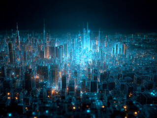 Aerial view of futuristic city skyline at night, illuminated by glowing lights and digital elements, creating vibrant urban atmosphere