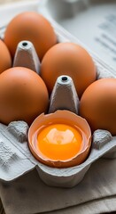 Broken egg in carton with other whole eggs.