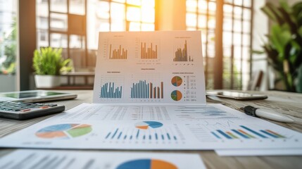success metrics displayed on a bright office workspace with growth charts, financial reports, and digital tools on blurred background