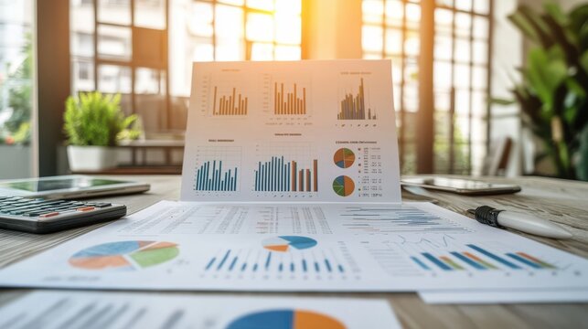 success metrics displayed on a bright office workspace with growth charts, financial reports, and digital tools on blurred background
