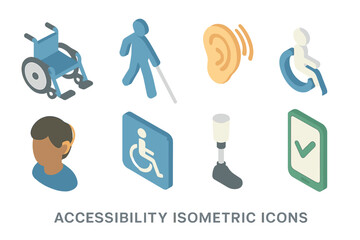 Accessibility isometric icons set. Disabled access, inclusive design concept. Vector collection with wheelchair, blind person, hearing aid, prosthetic leg, special needs symbols.