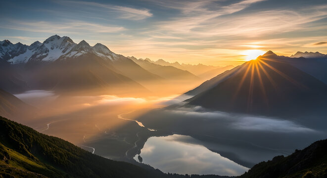 Stunning sunrise over a mountain lake with mist and snow-capped peaks. - Powered by Adobe