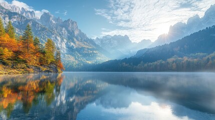 Obraz premium Peaceful autumn scene of Vorderer ( Gosausee ) lake with Dachstein glacieron background.