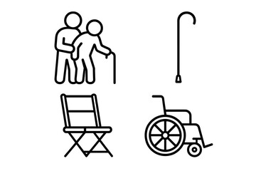 Caregiver icon set for elderly assistance and support. Outline vector icons of a nurse helping a senior, walking cane, folding chair, and wheelchair for disabled people. Medical help.