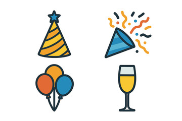 Celebration party icon set. Vector flat outline design elements. Birthday, anniversary, New Year's Eve event symbols. Party hat, confetti popper, balloons, champagne glass.