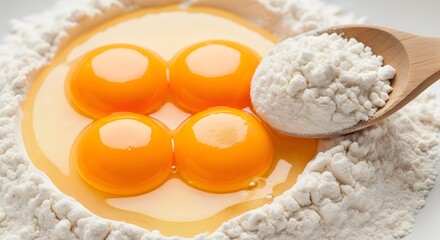 Egg yolks in flour with a spoon of flour, ready for baking.