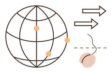 Globe with plotted points, arrows indicating direction, and sprouting seed. Ideal for global reach, innovation, growth, navigation, international business, strategy simple flat metaphor