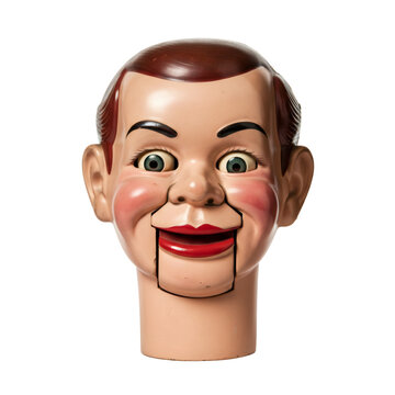 Antique Wooden Ventriloquist Dummy Head with Brown Hair Red Lips and Pale Skin on Transparent Background